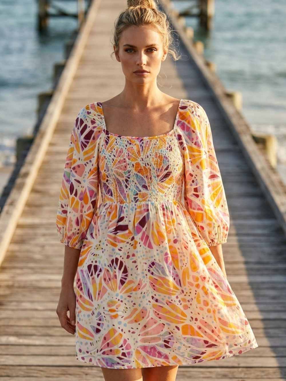 Oddi Multi Color Abstract Floral Print Smocked Bodice Puff Sleeve Midi Dress